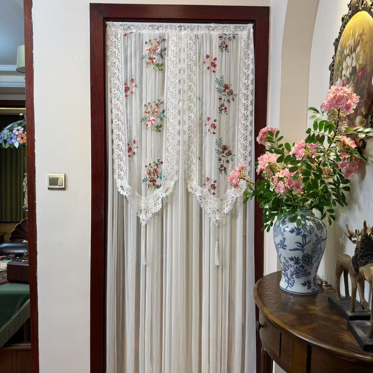 红香桌旗高端绣花吊穗双层门帘卧室厨房隔断免打孔送伸缩杆