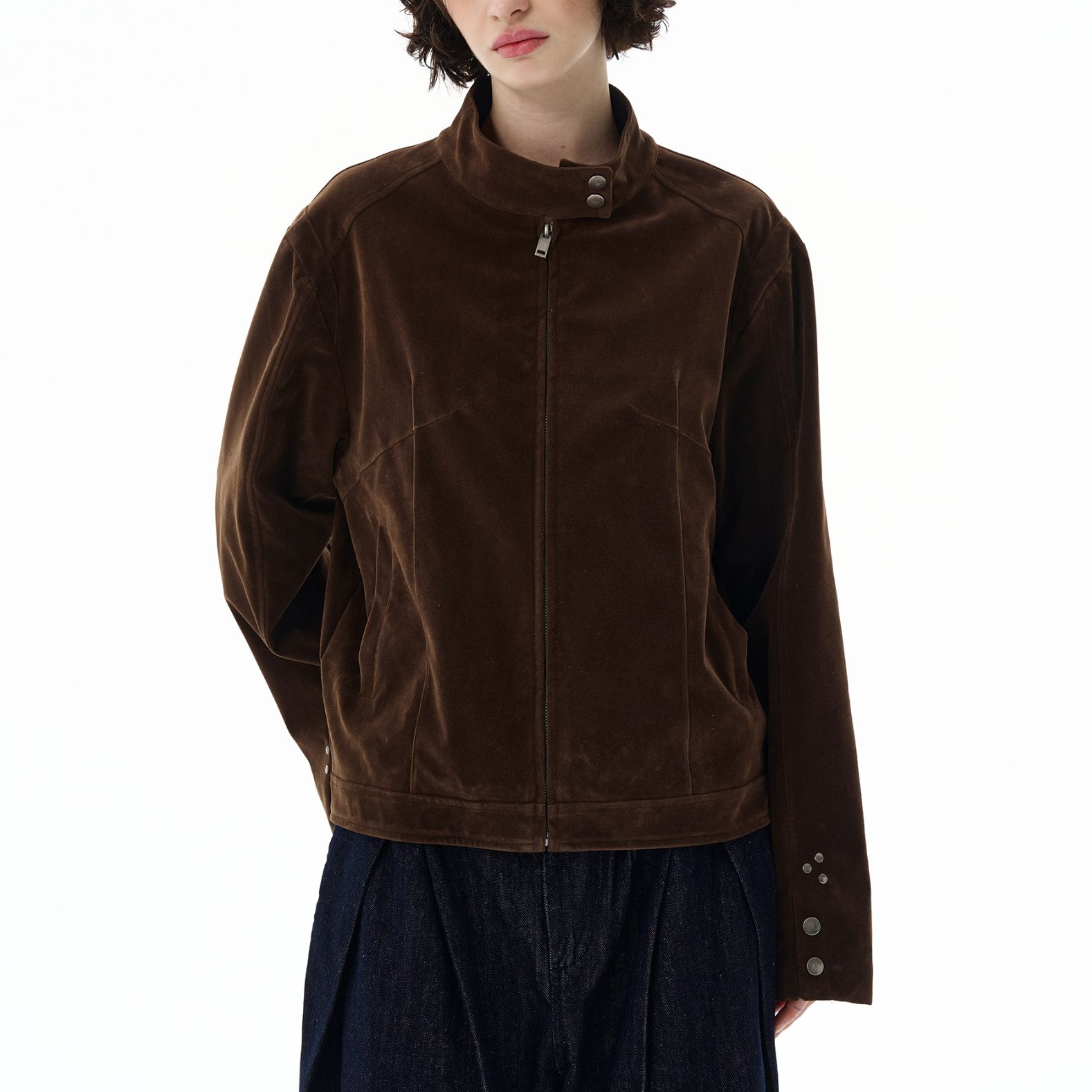 秋季新款”摩登年代“复古反绒工艺棕色立领哈灵顿夹克短款外套