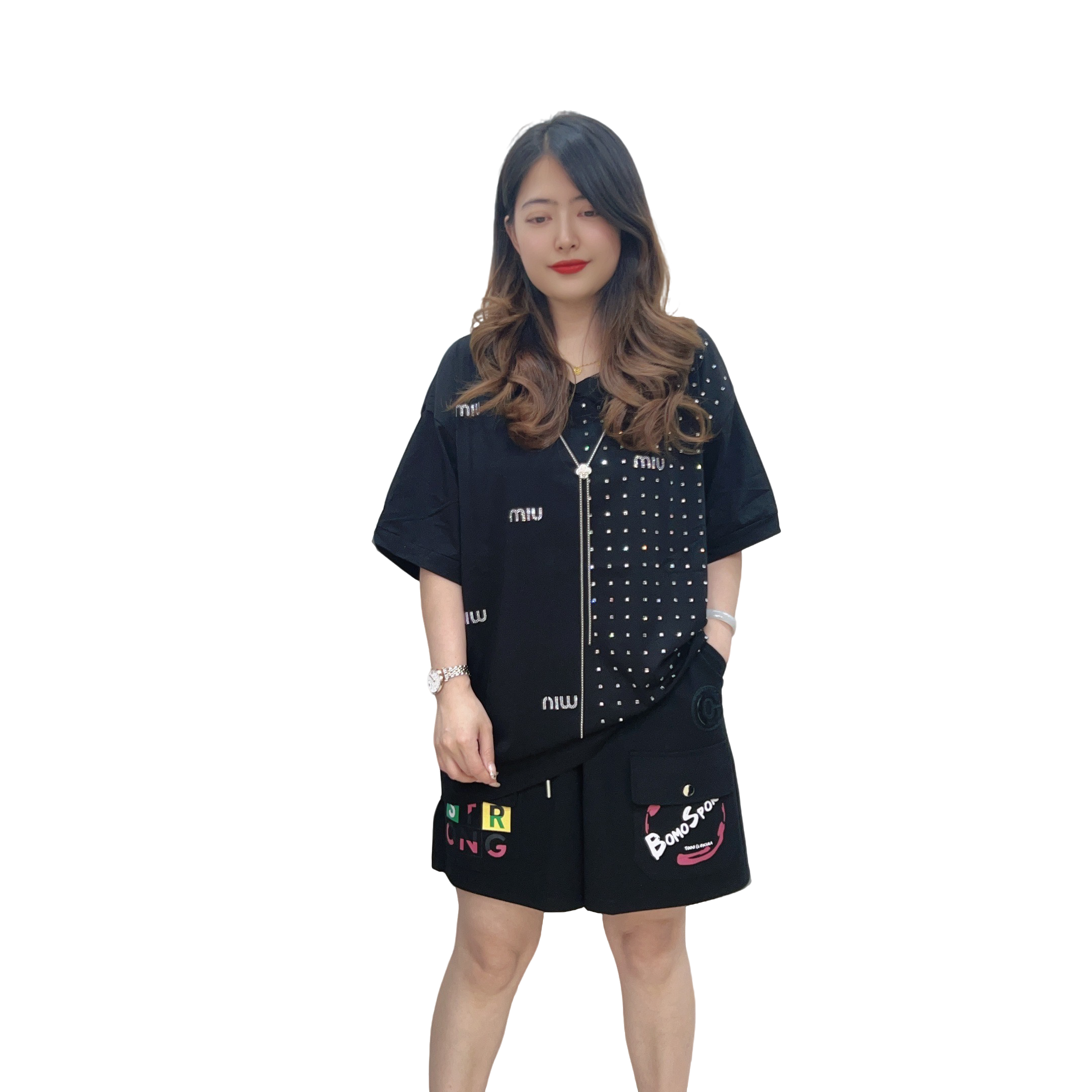 8819拼接T恤宽松型常规袖黑色夏季不起球连帽短袖烫钻