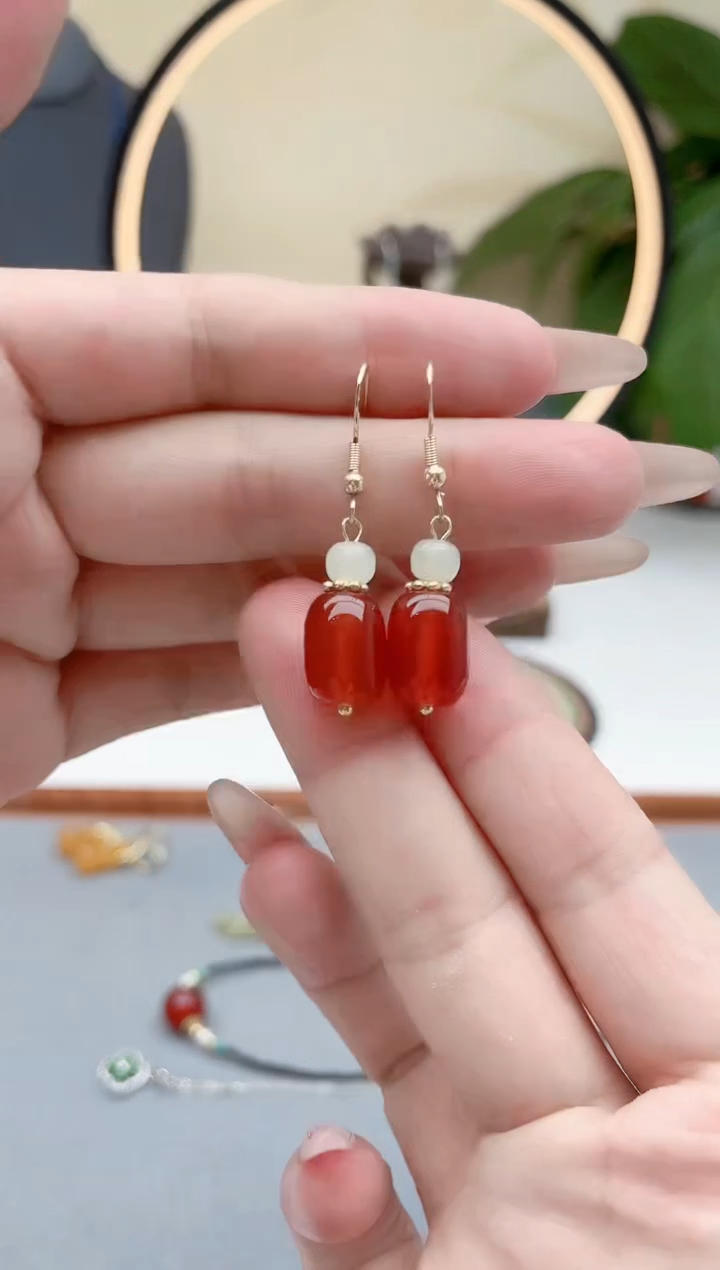 玛瑙/玉髓耳饰银S925镶嵌00新款红色