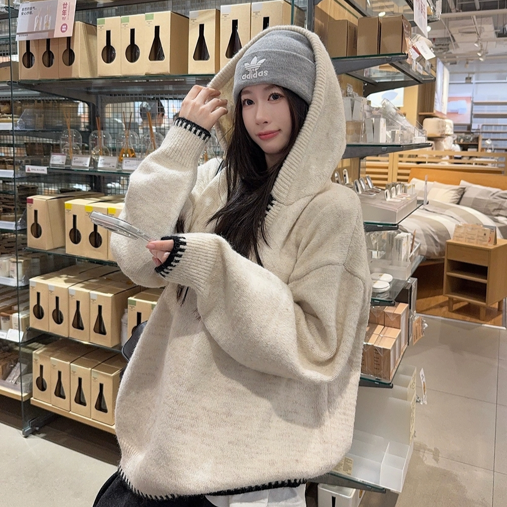 6045# 特价毛衣 连帽长袖套头毛衣女秋冬宽松针织衫小众慵懒上衣