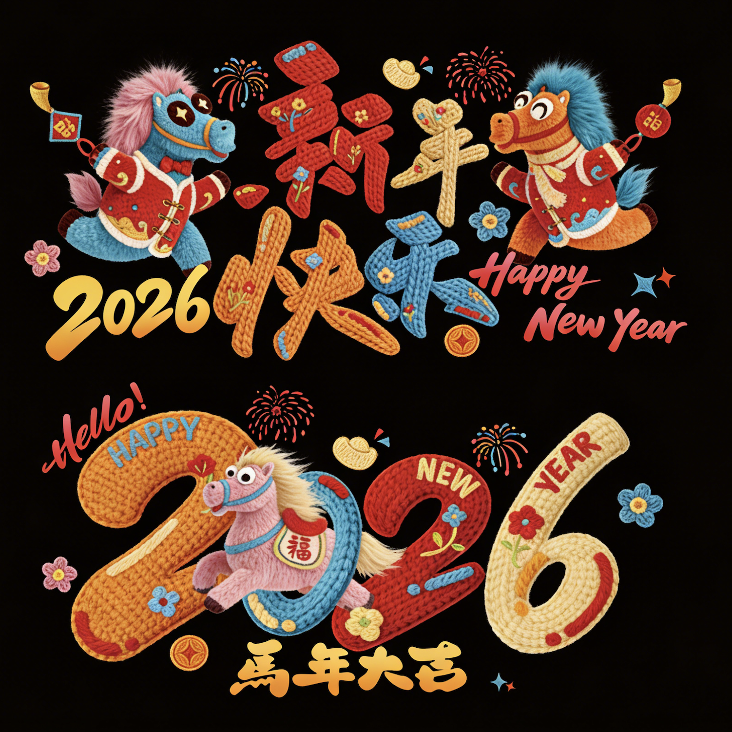 针织风裸眼5D马年新年静电玻璃贴门过年贴纸福字静电贴窗花福字