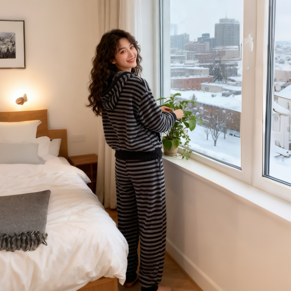 灰冬季新款韩版简约条纹连帽立领双面绒睡衣女加绒加厚毛绒家居服