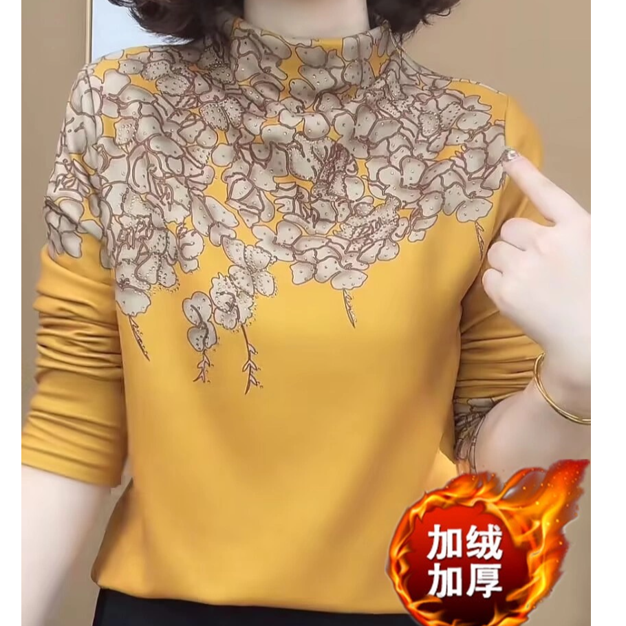 秋季新款加绒加厚半高领气质百搭时尚长袖减龄洋气打底衫上衣