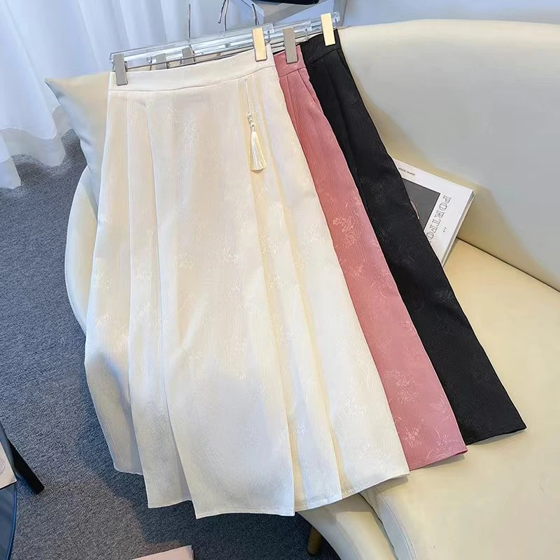 新中式国风提花半身裙女秋季2025新款马面裙流苏百褶裙垂感a字裙