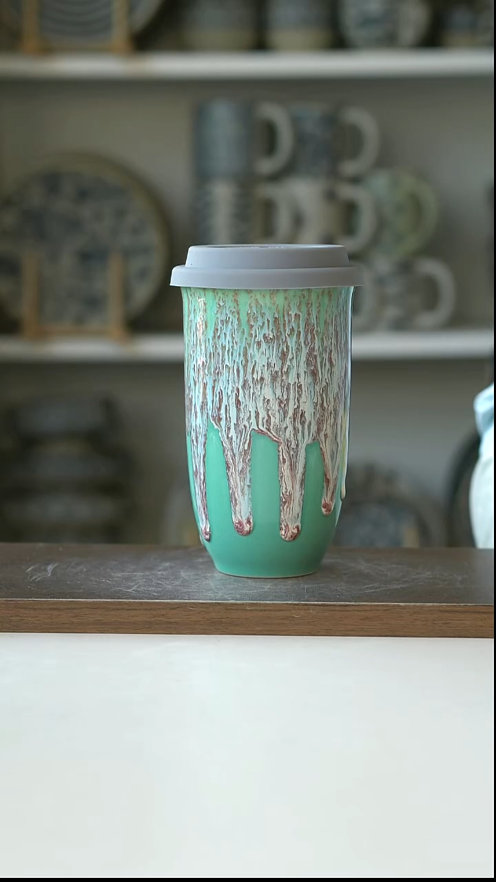陶窑变自然流釉绿带盖随身杯420ml@4-2@微瑕