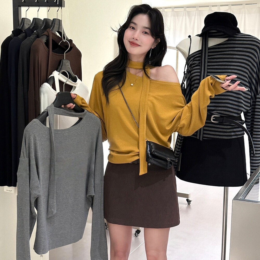 韩系条纹飘带长袖T恤女秋冬设计感小众修身显瘦上衣9217