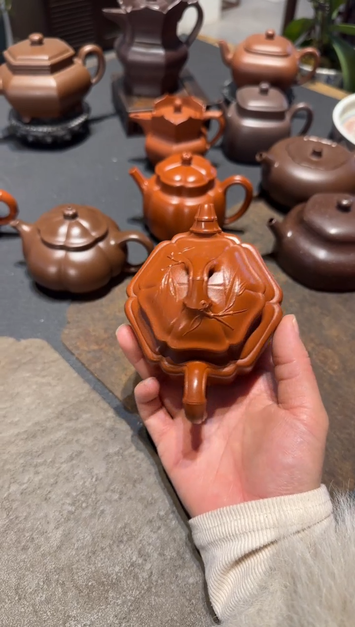 【闪购商品】紫砂茶壶六方海棠双线竹鼓