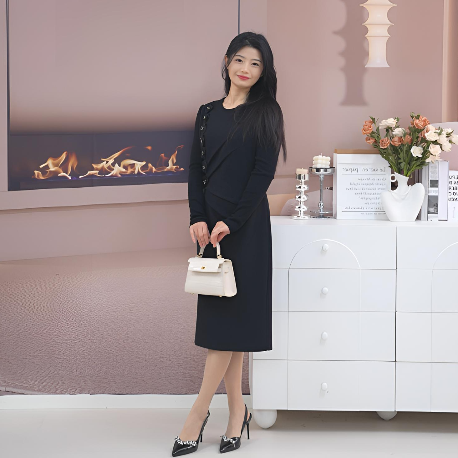 H1260秋季专选经典浪漫黑色花朵羊毛小黑裙