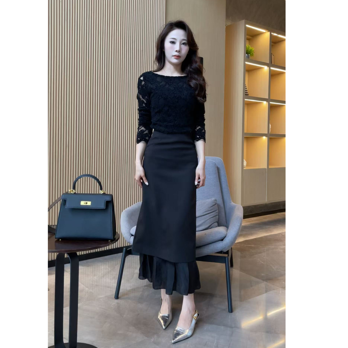 新款法式优雅下摆拼接鱼尾高腰包臀半身裙-25187