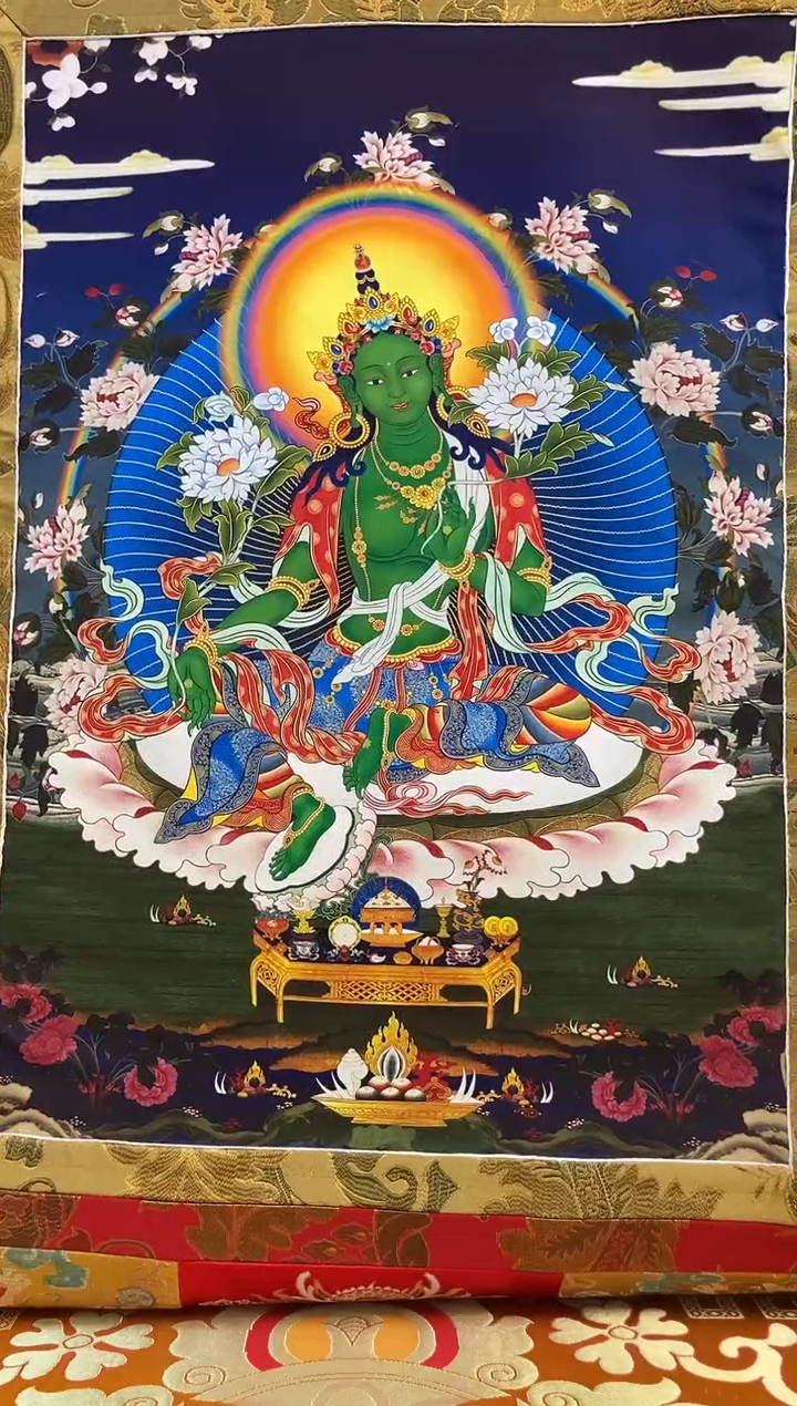 【闪购商品】卷轴画矿物质喷绘  绿度母1.3m金色龙布