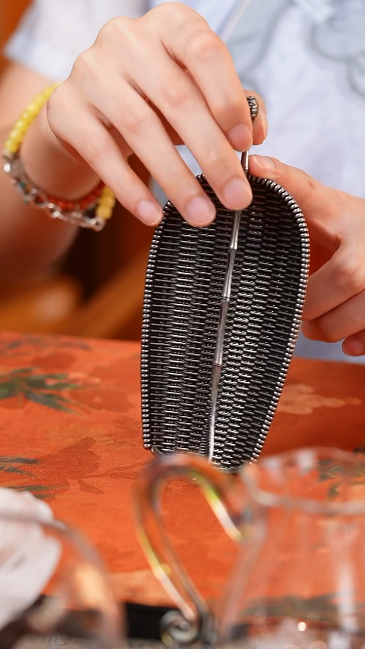 簸箕茶则/竹编纹银色/茶学入门器具