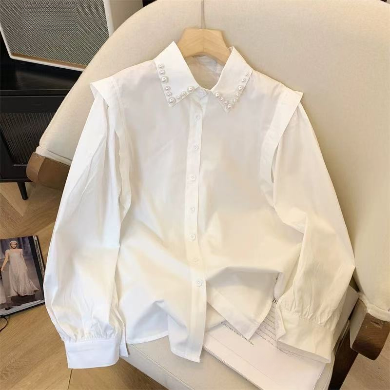 白色POLO翻领长袖衬衫女2025春季新款设计感小众上衣气质衬衣3659