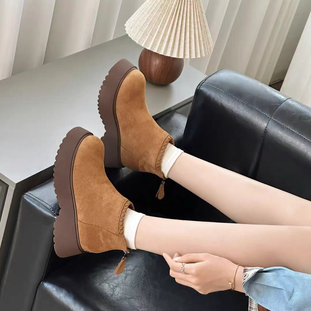 小敏家 5CM厚底增高编织短筒勃肯靴 复古加绒切尔西后拉链短靴