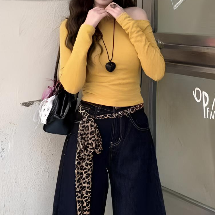 美式黄色斜肩设计感长袖t恤女早秋季新款内搭打底衫修身收腰上衣