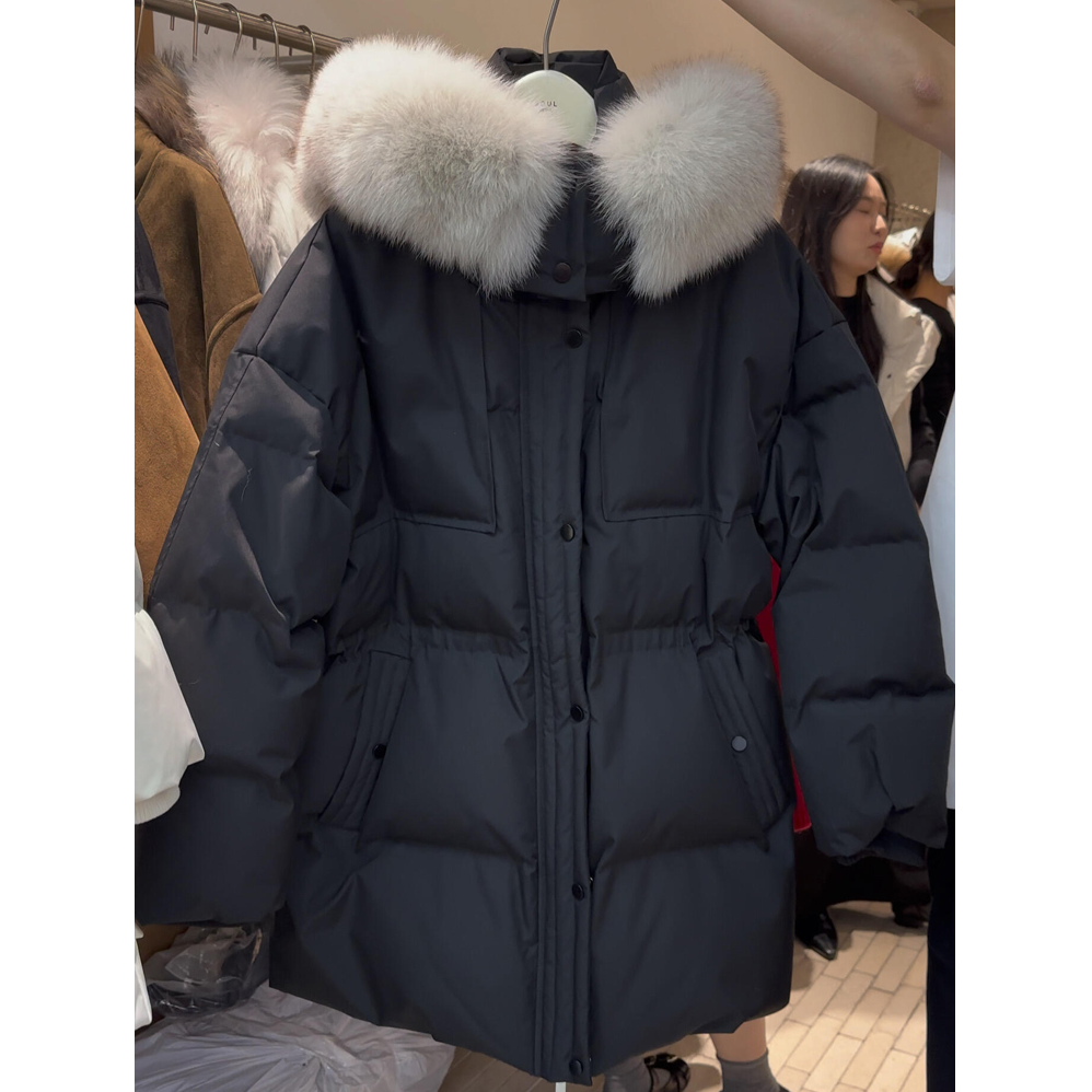 2025女冬季新款韩系时尚百搭中长款宽松收腰显瘦加厚连帽棉服外套