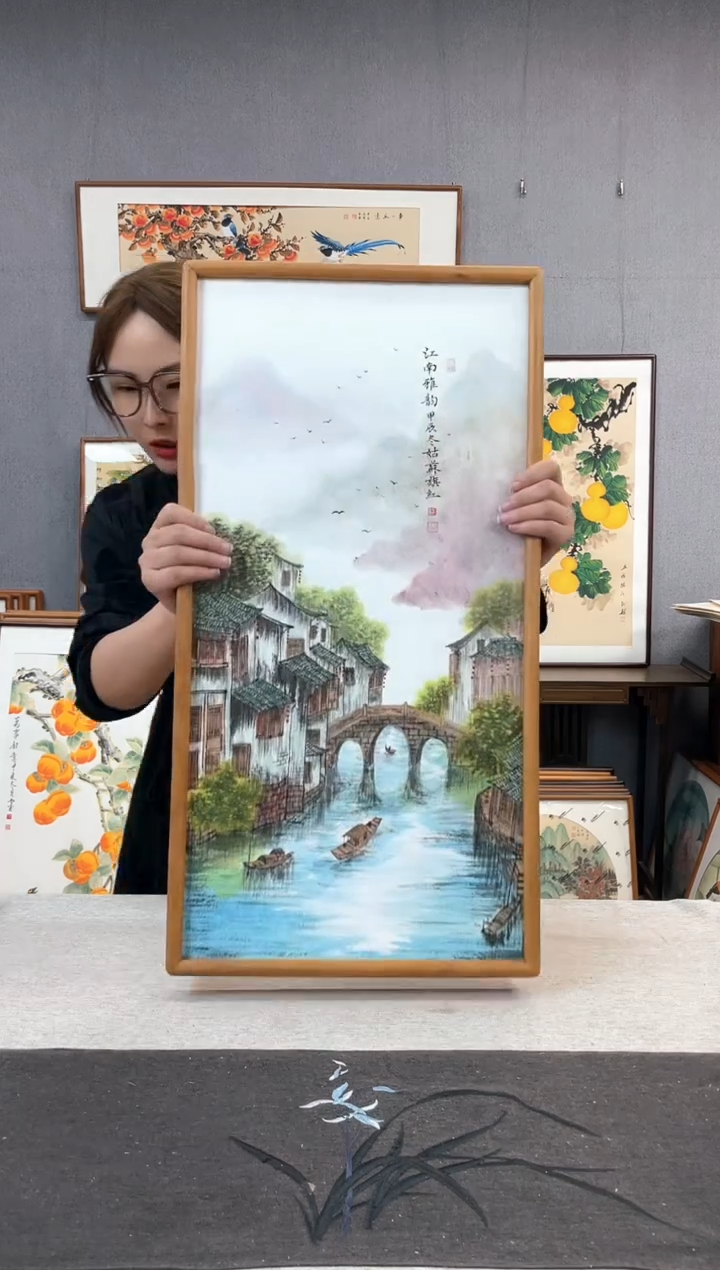【闪购商品】国画金旗红-手绘带框作品-35*68-水乡
