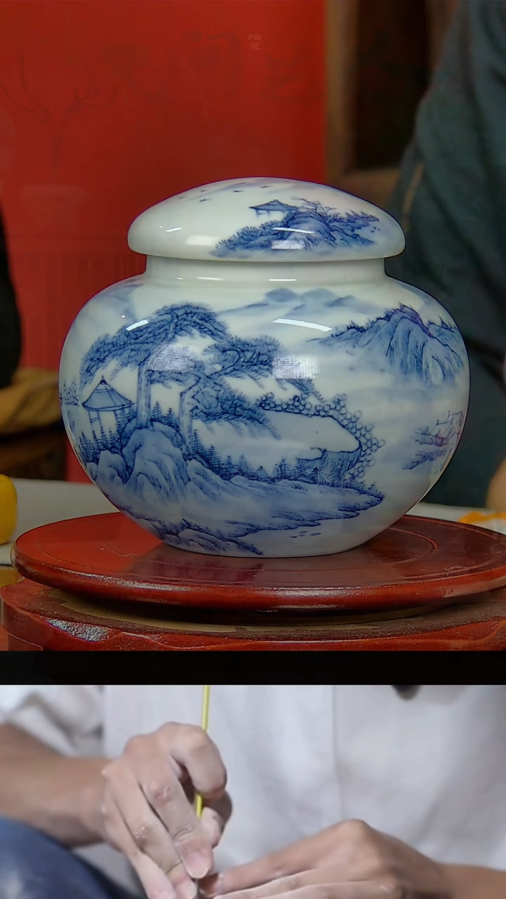 【闪购商品】020景德镇民间艺人青花山水茶叶罐