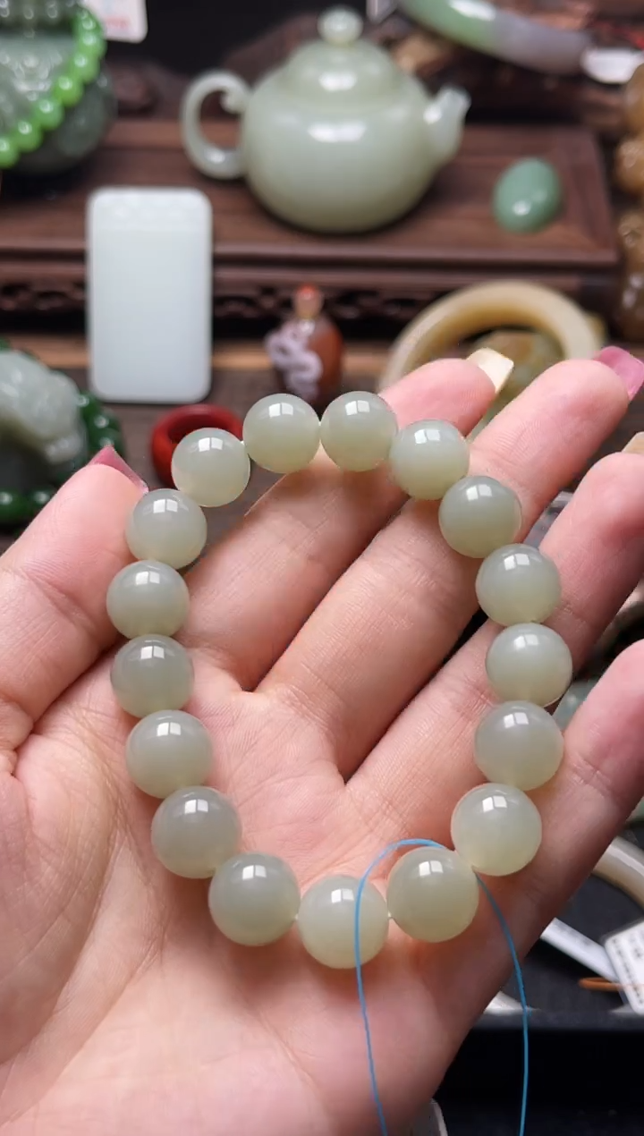 手串未镶嵌和田玉卡12且末青白 圆珠9009276