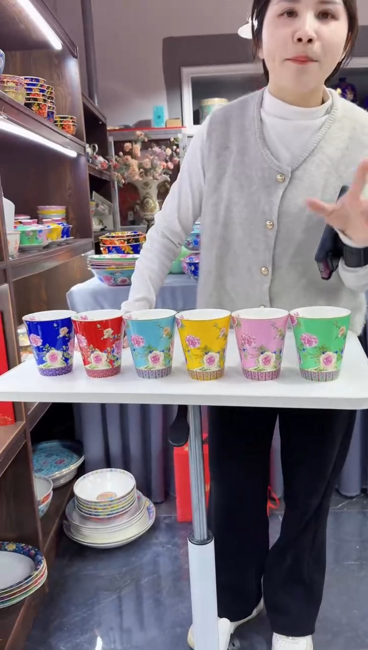 珐琅  牡丹花卉水杯6只装景德镇 