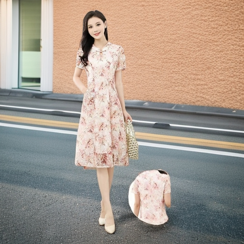 J826#粉【木兮兮专属】2025年夏新款气质百搭国风盘扣中长款连衣裙