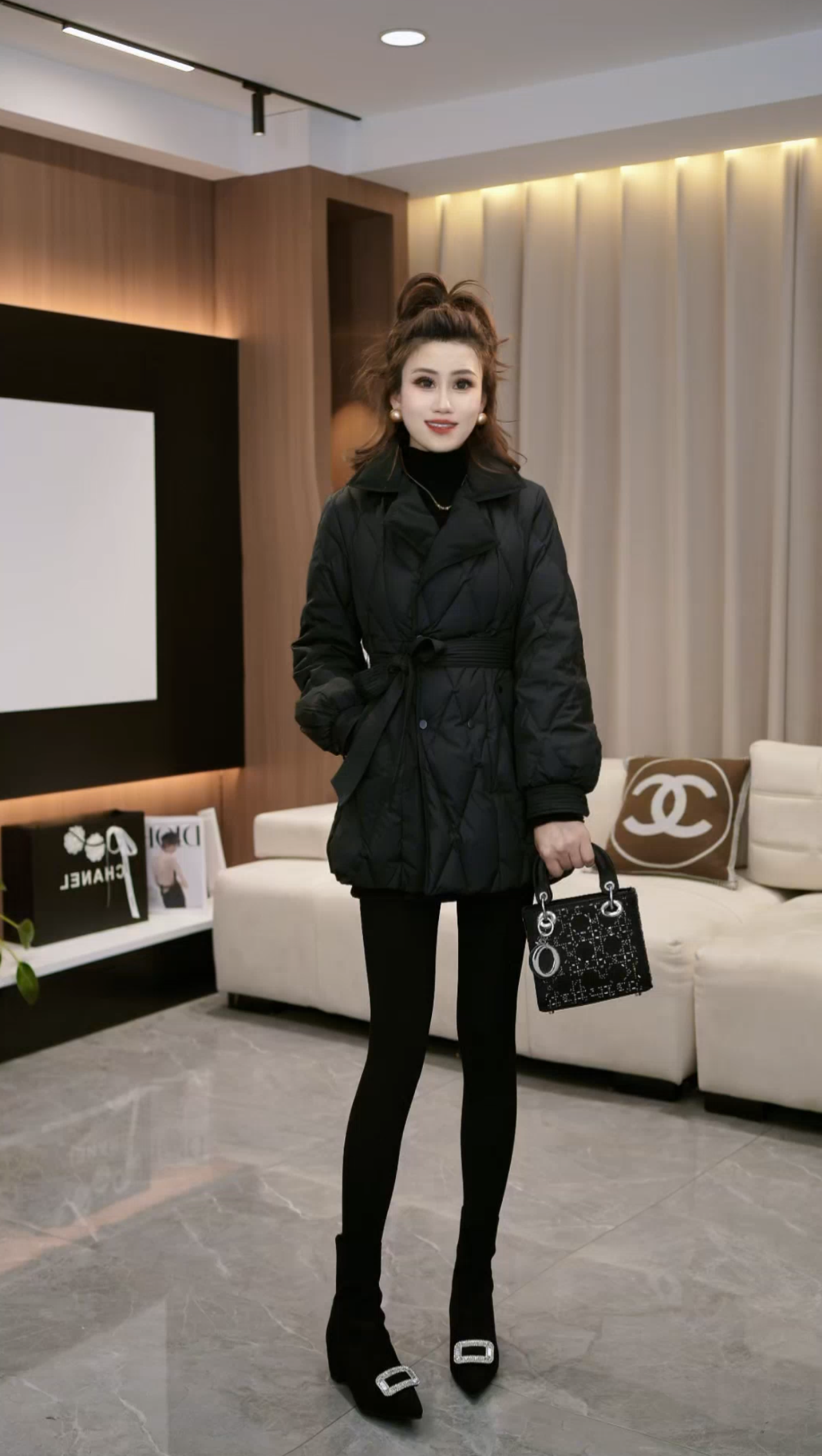 设计感黑色棉服女2025年新款冬季收腰显瘦西装领菱格外套