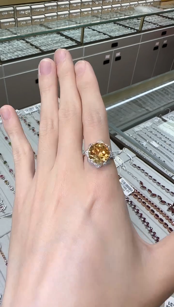 【闪购商品】黄晶戒指银S925镶嵌12mm