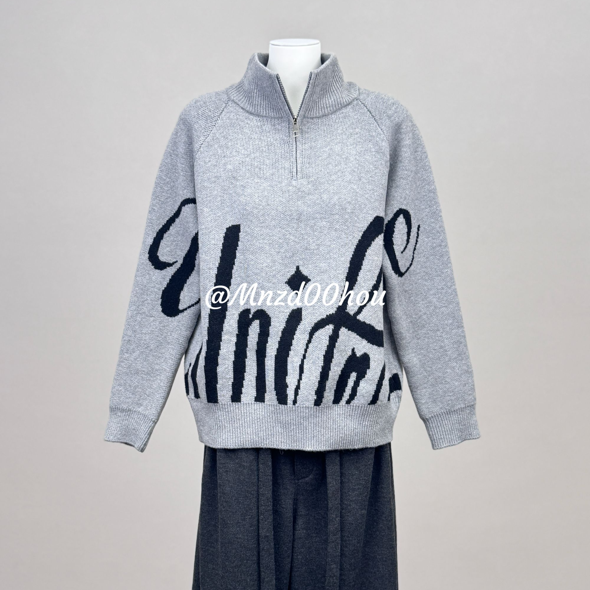 欧货2025秋冬新款高级感灰色图案长袖针织毛衣女宽松上衣