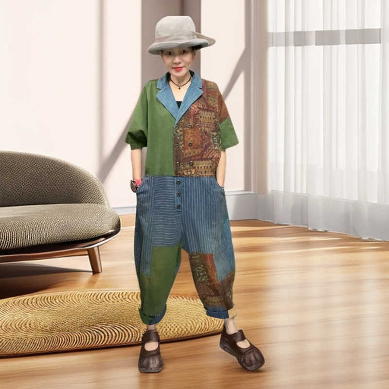 [ 心喻牛仔原创 ]] 西装领怀旧复古夏季拼接宽松水洗棉麻莲体裤