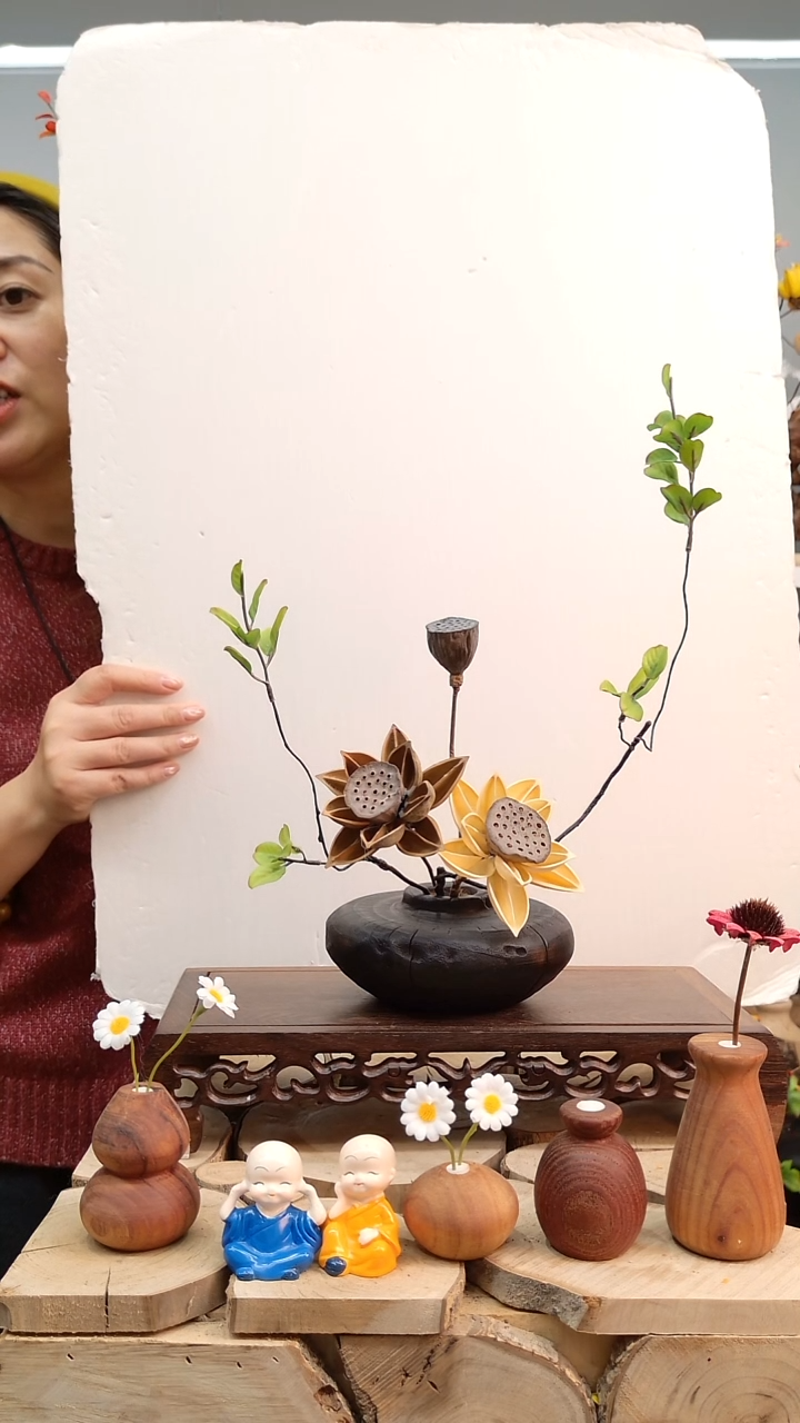 木实木花瓶连花带瓶一套