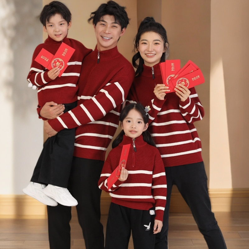 亲子装一家三四口毛衣条纹冬季厚款拉链妈妈女儿加厚亲子装情侣装