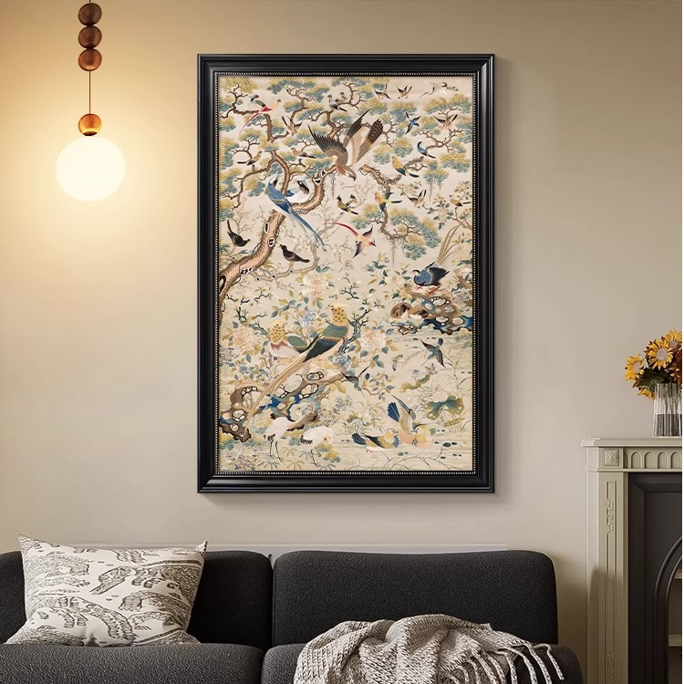 花鸟祥和图中古风客厅装饰画小众艺术高级感沙发餐厅法式复古挂画