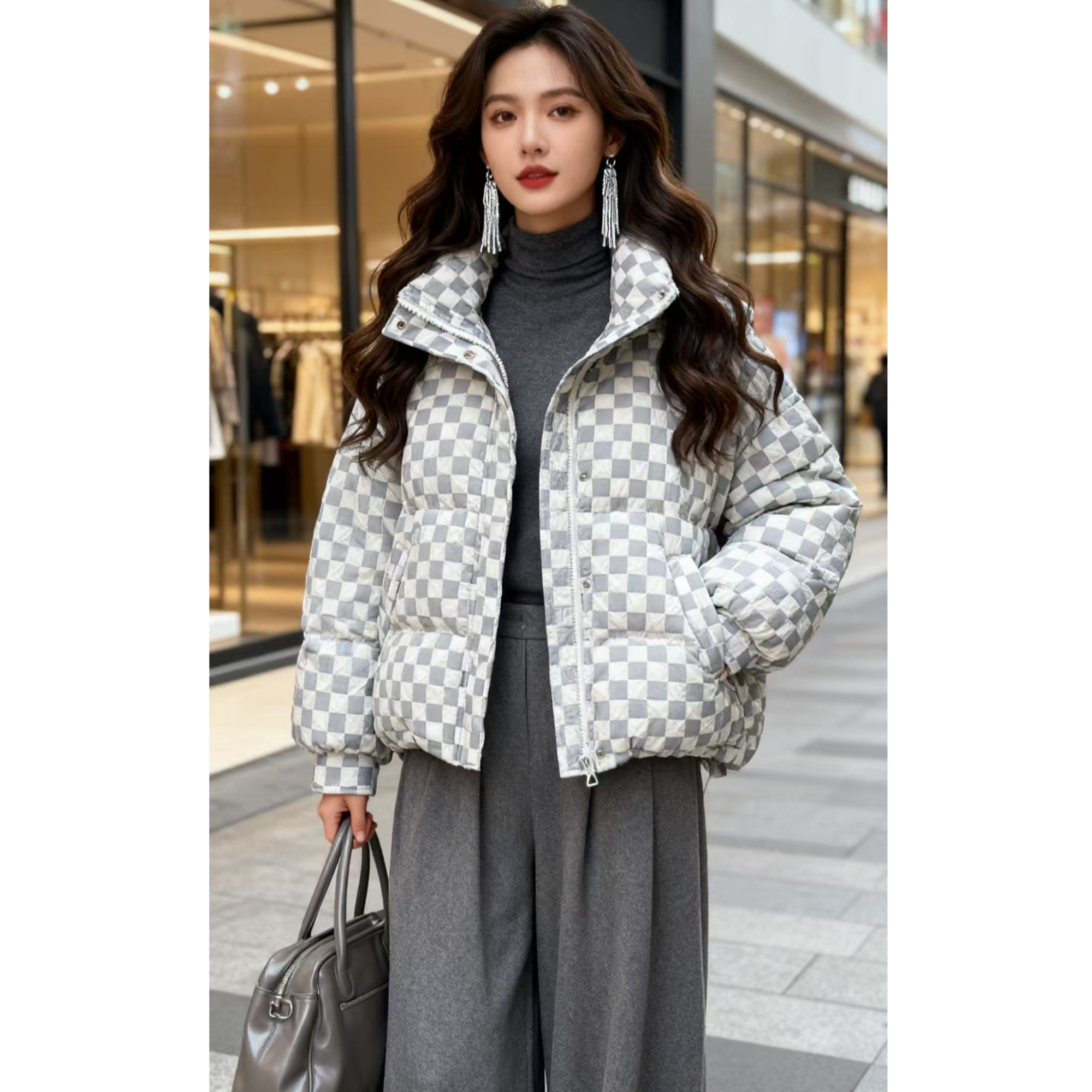 断码清仓RY152棋盘格印花大版可拆卸帽廓形百搭羽绒服