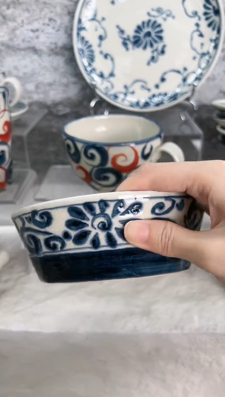 陶宗山窑平底钵15.5cm-蓝菊