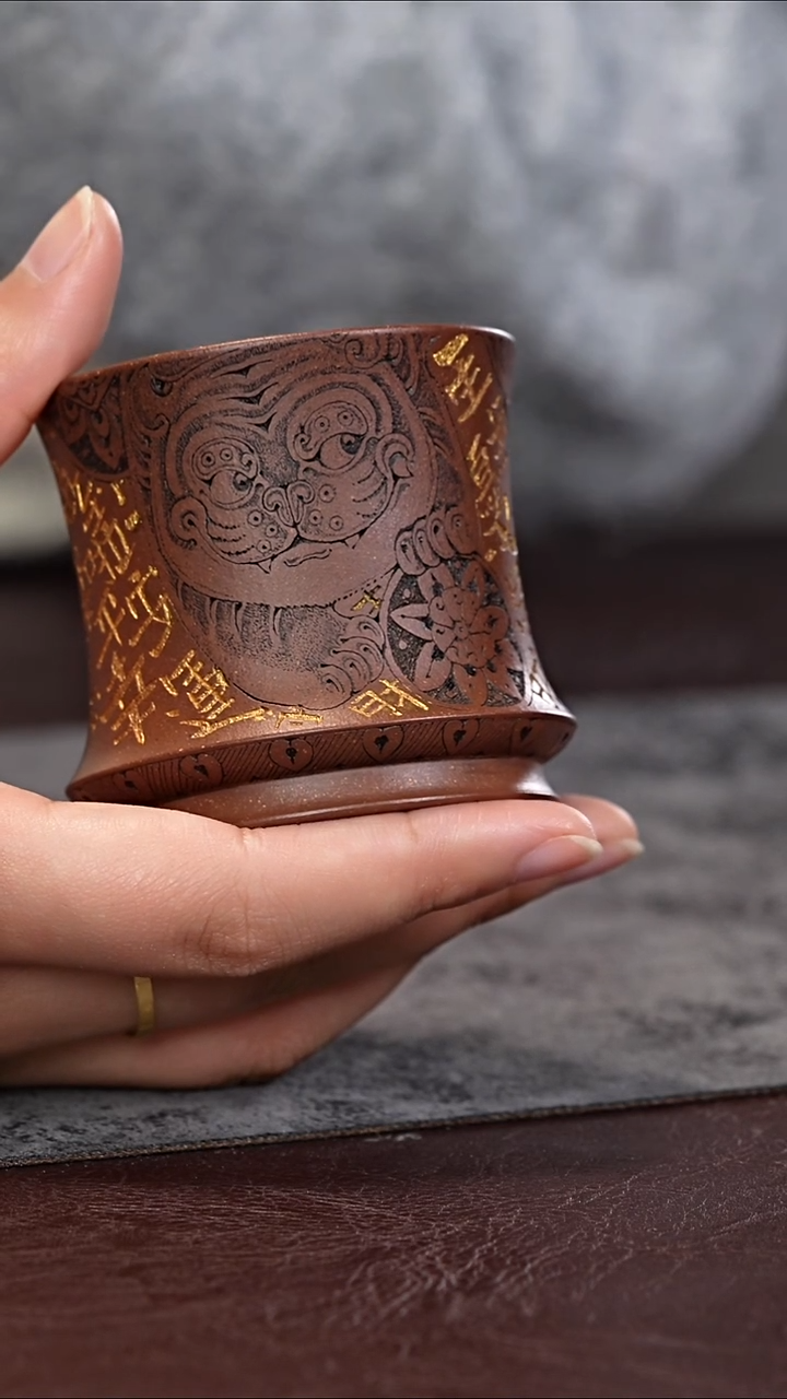 茶杯紫泥全手工刻绘君悦杯