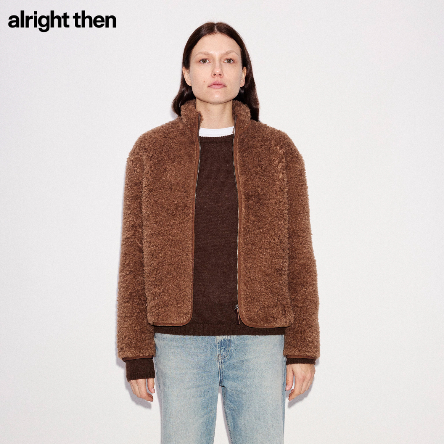 alright then秋冬立领防风温暖棕色绵羊毛厚外套
