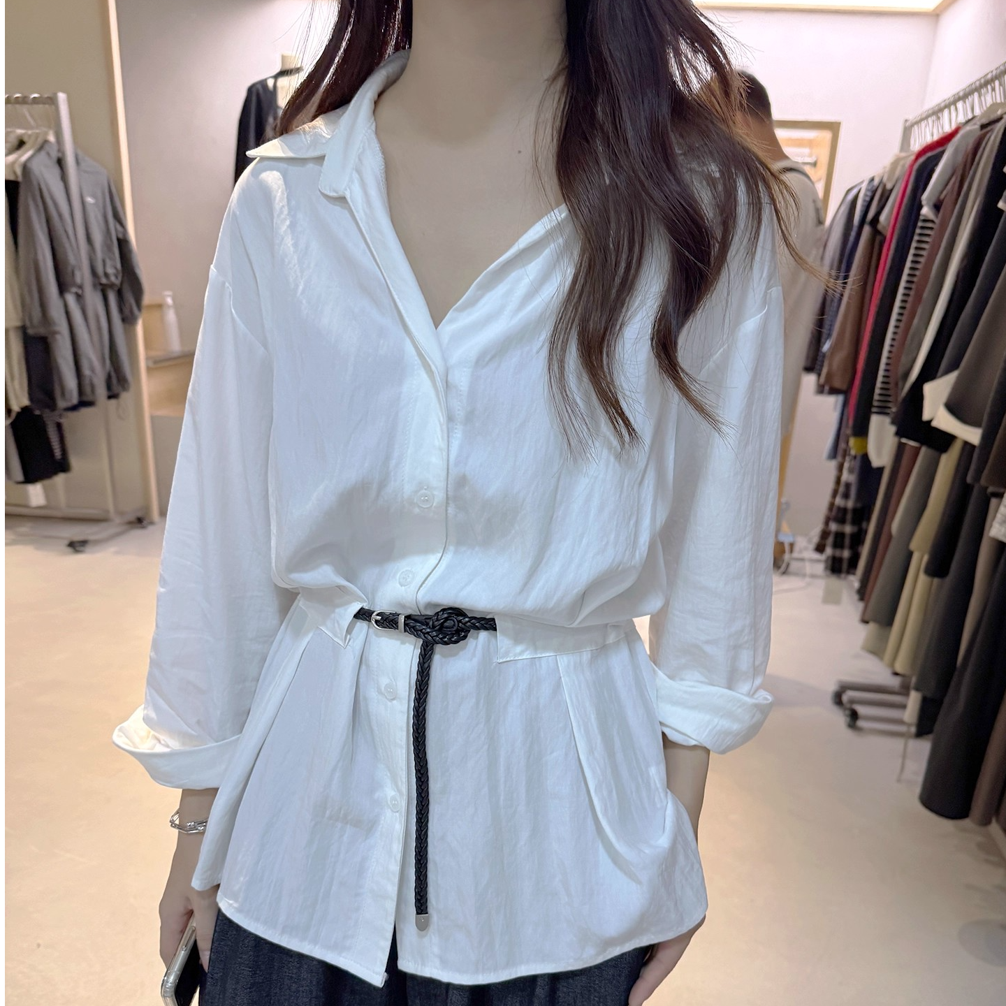 MISU/糜素早秋宽松简约翻领长袖衬衫防晒通勤修身显瘦单排扣