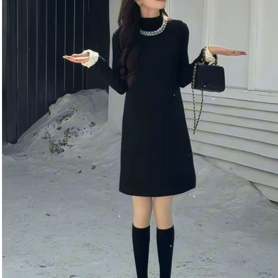 两件套连衣裙气质简约时尚百搭黑色秋冬长袖显瘦拼接