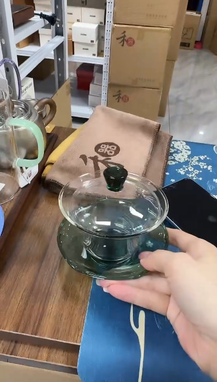 @@禾器晶彩荷叶盖碗墨绿色