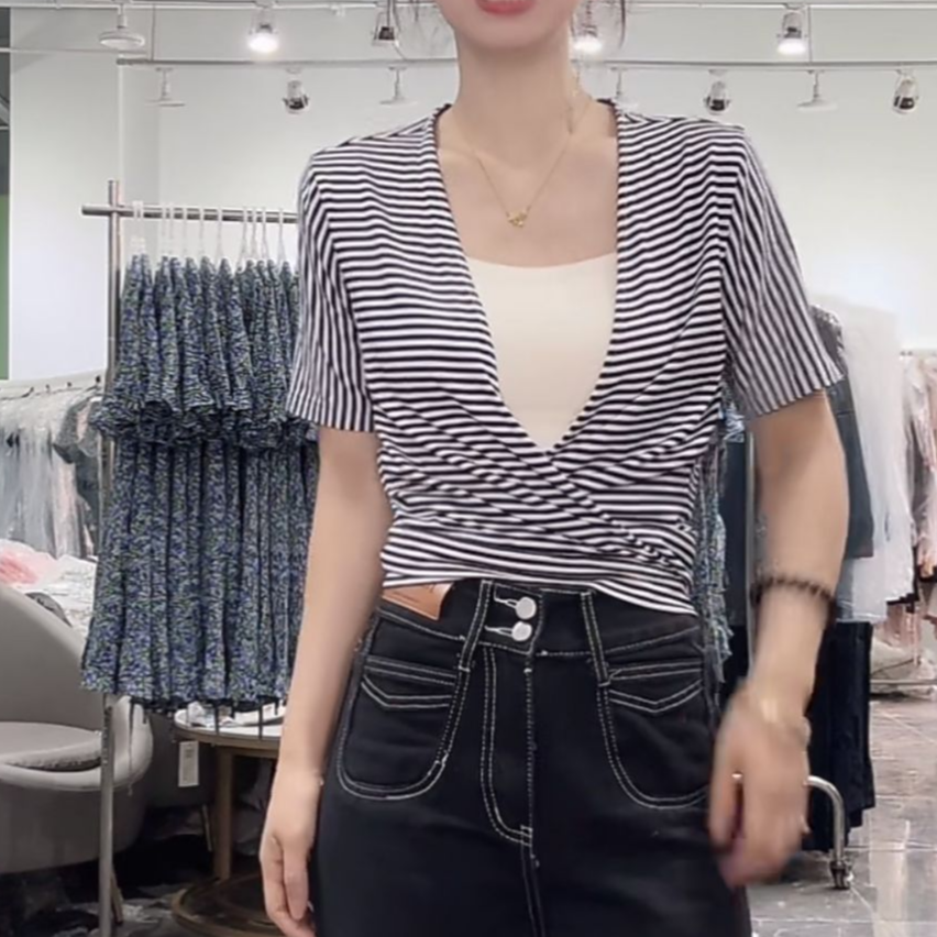 【轻熟•伊佐L】NN1372新款棉质条纹一片式T恤上衣显瘦设计师