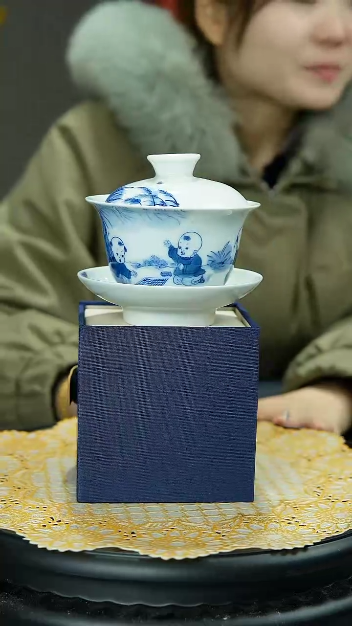 【闪购商品】官窑瓷画院336官窑瓷画院童子三才盖碗