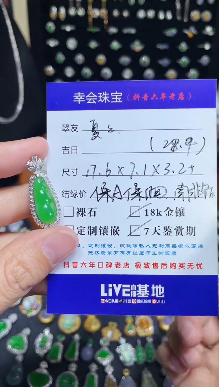 颈饰18K金镶嵌翡翠夏*豪镶盖中盖满绿豆子吊坠