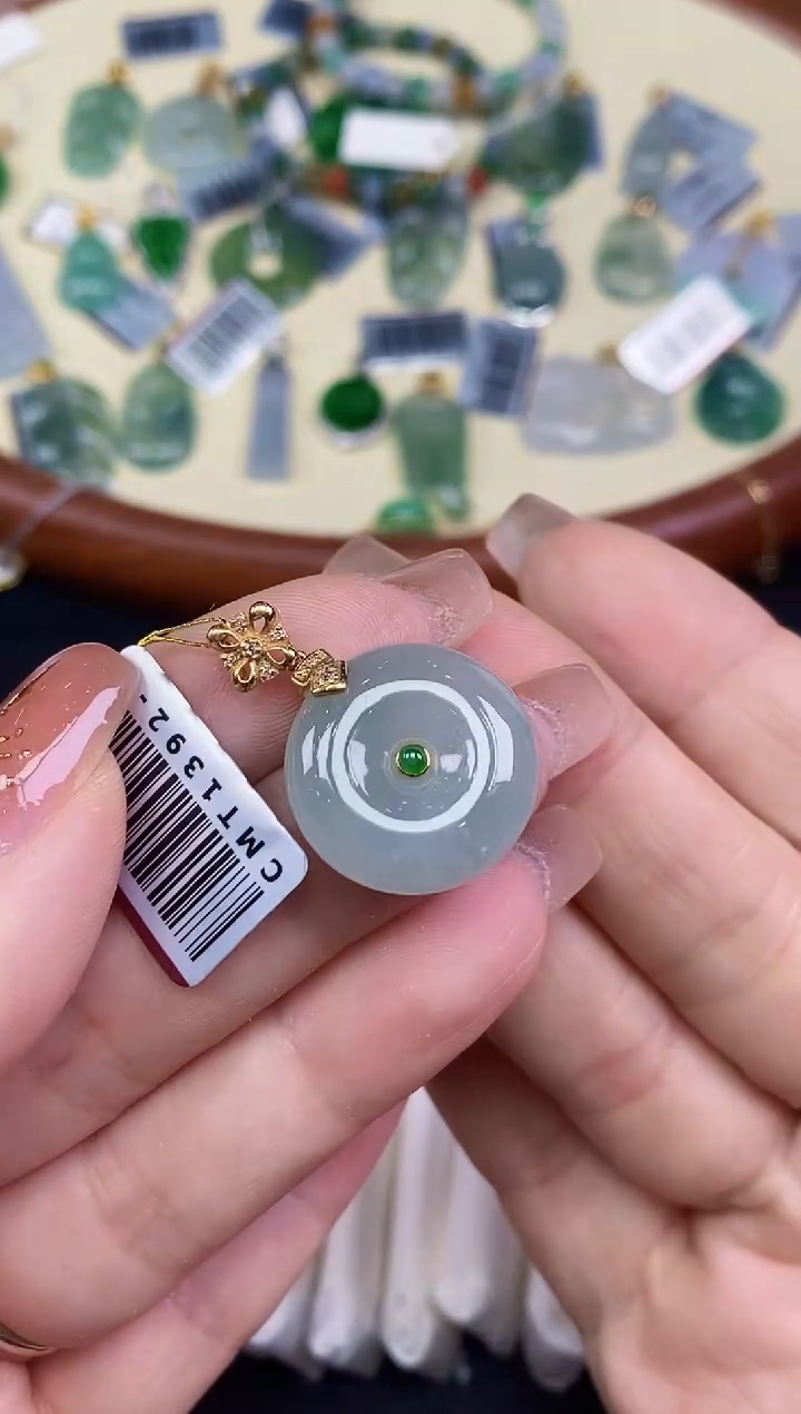 吊坠(不含链)18K金镶嵌翡翠平安扣18K金扣镶嵌@@CMT1392-1