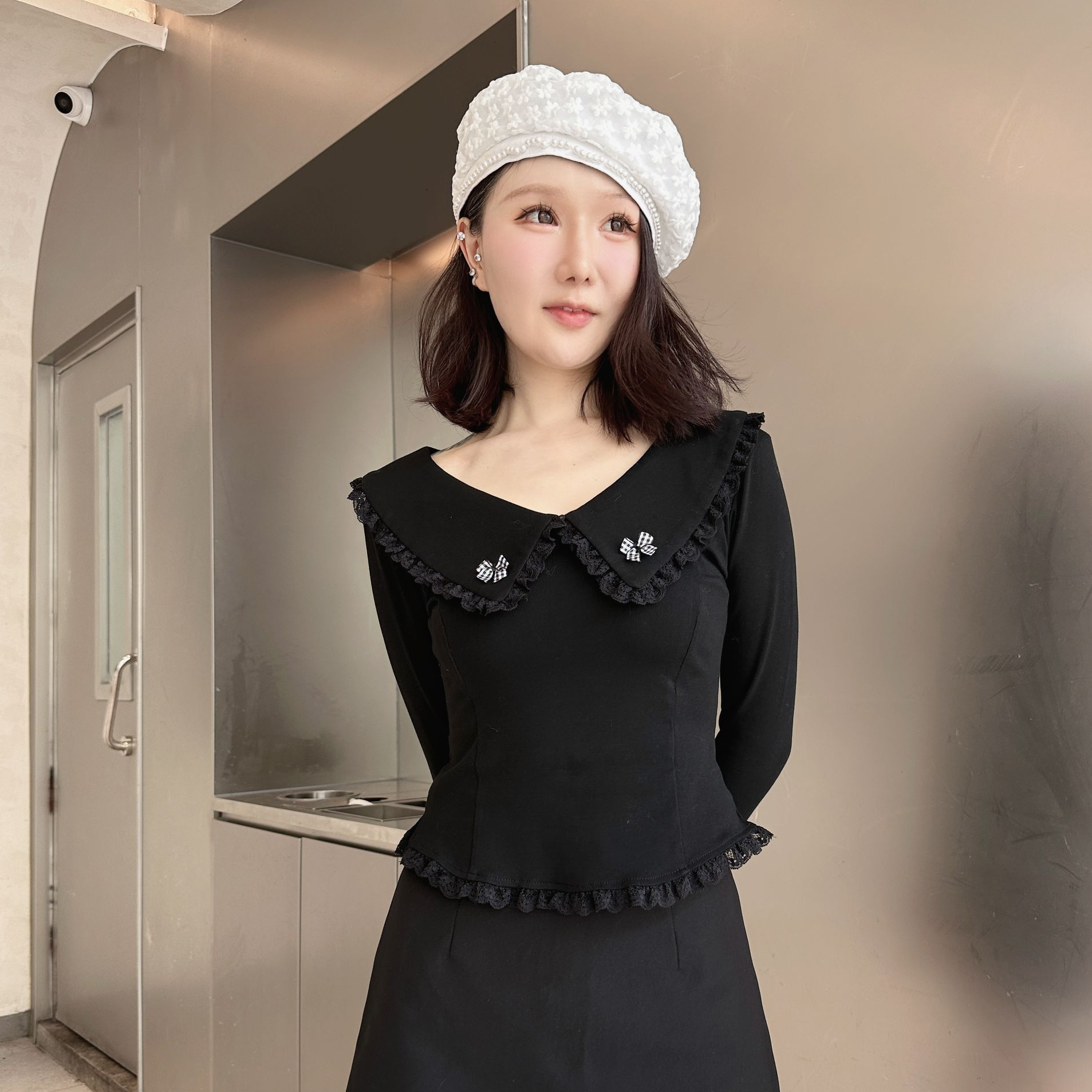 小格子蝴蝶结装饰性感上衣收腰T弹力显瘦气质修身短款新时尚百搭