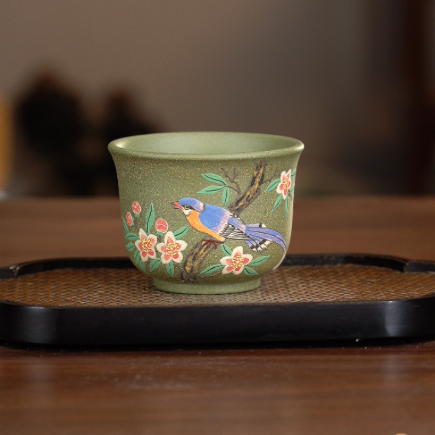5120宜兴紫砂茶具豆青砂泥料堆绘桃花小鸟主人杯YST150ml