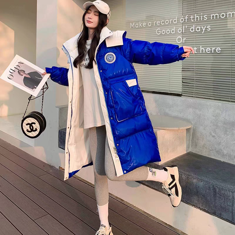 防风亮面保暖鹅绒服女中长款2024新款冬季加厚宽松时尚流行蓝外套