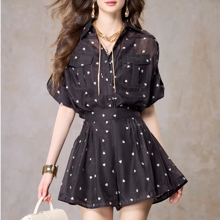 【老板娘夏天】AUI显瘦衬衫裤子波点黑色碎花时尚套装-2025041