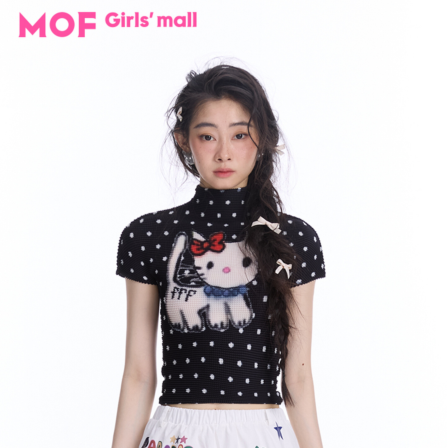MOF少女百货 褶皱衫 黑色波点kitty印花褶皱衫美式半高领短袖T恤