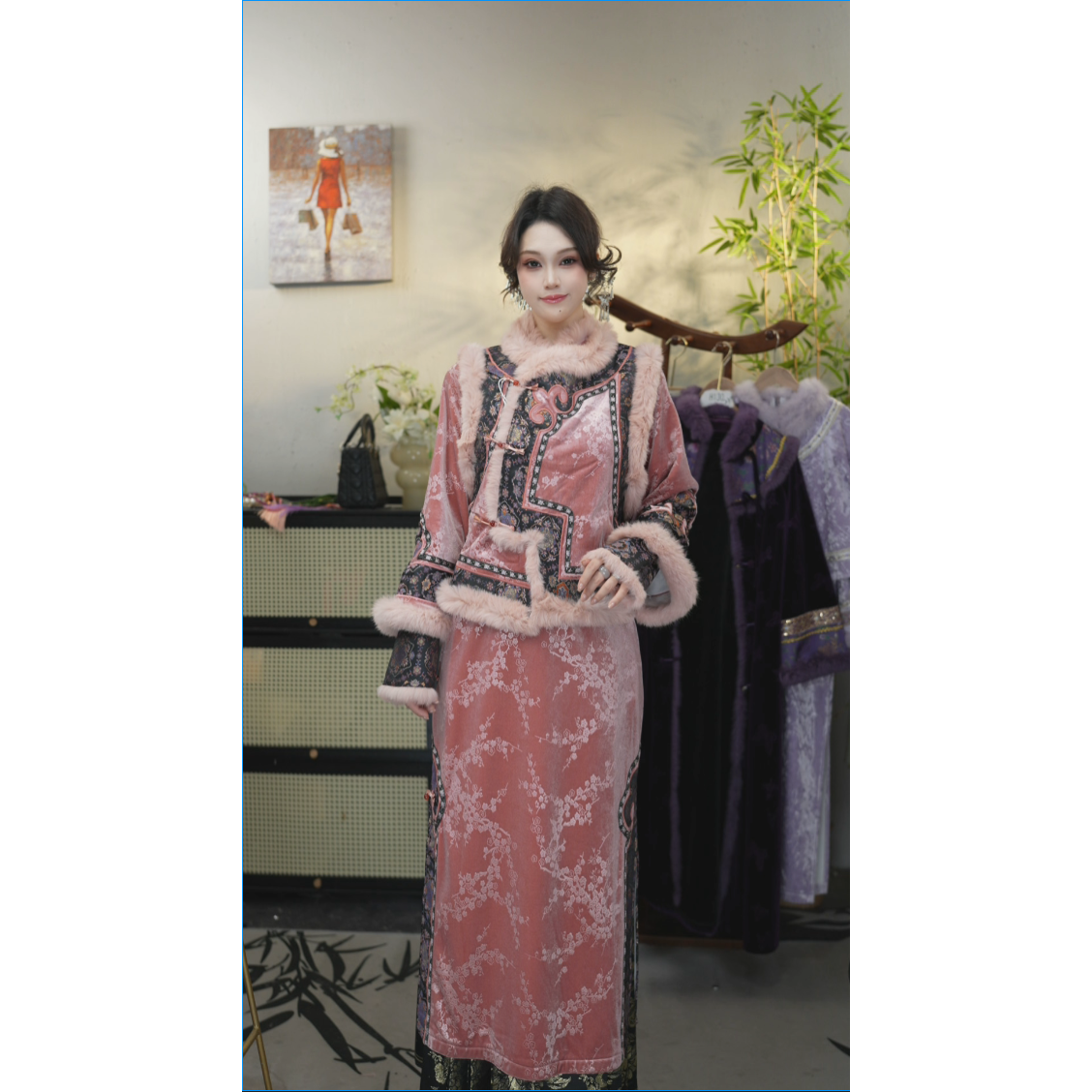 花无雪2024冬季新款复古加绒显瘦保暖女装裙子（2444+2454）