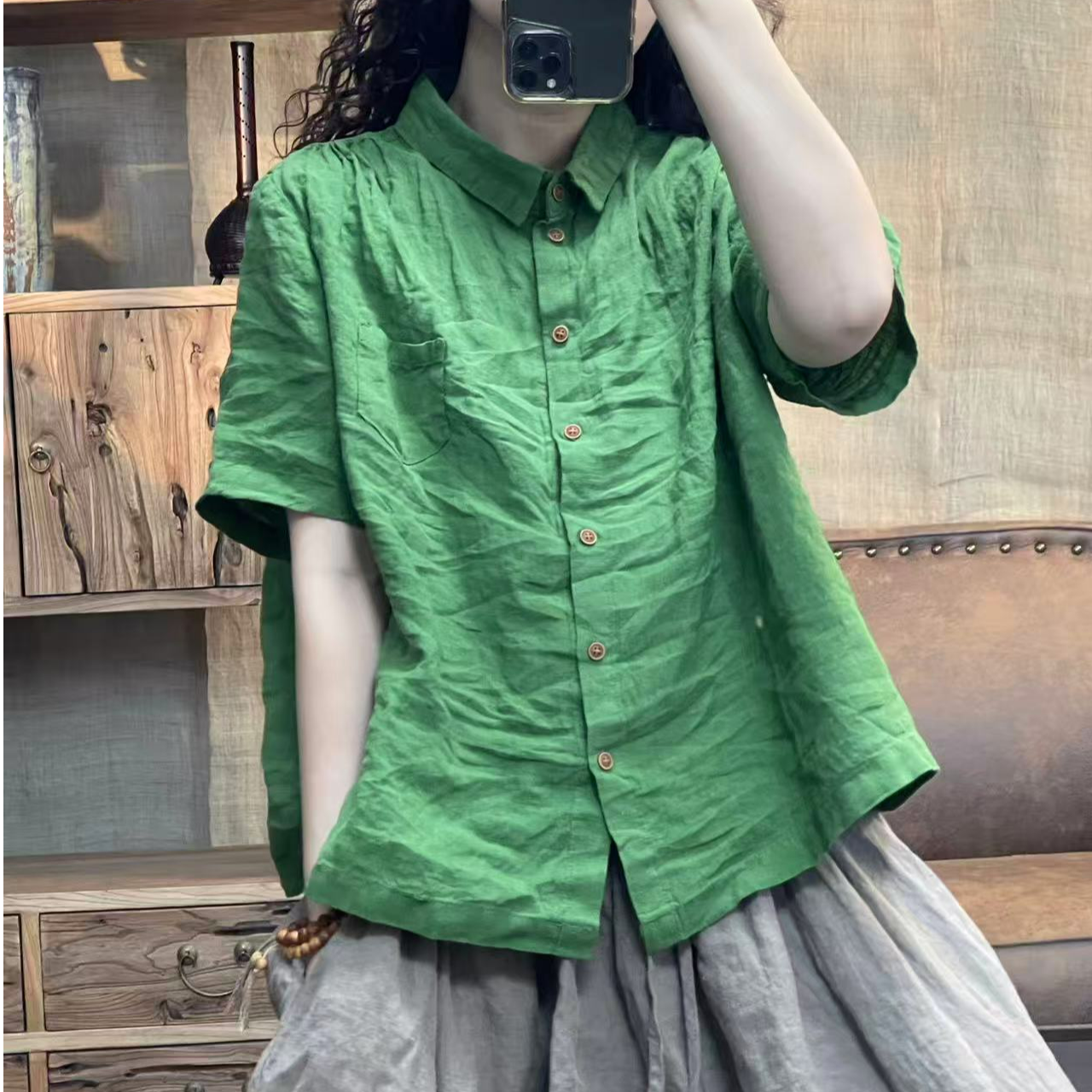 [四月阳光]夏季亚麻水洗做旧简约女装休闲衬衫(长60胸围128)